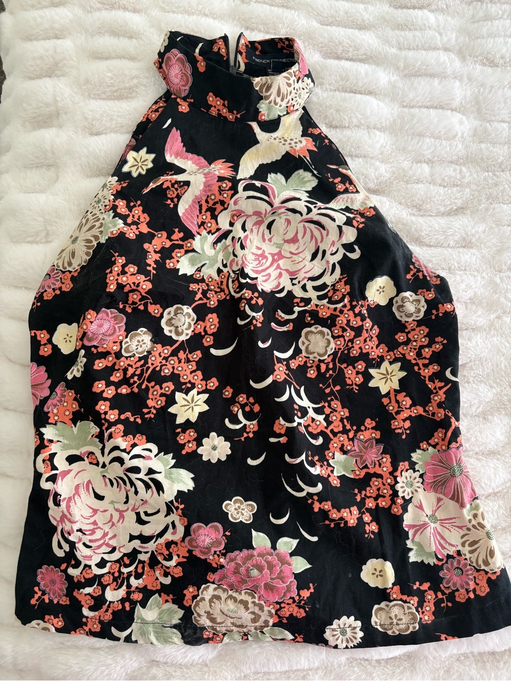 Women’s French Connection Halter Top Black Base Vibrant Floral Print Size 6